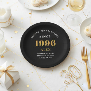 Prato De Papel Aniversário de 30 anos Nome 1996 Preto Dourado Ele