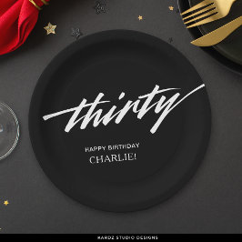Prato De Papel Aniversário de 30 anos preto de script moderno