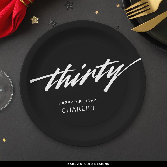Prato De Papel Aniversário de 30 anos preto de script moderno (Criador carregado)