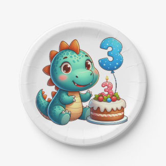 Prato De Papel Aniversário de 3 anos do Dino