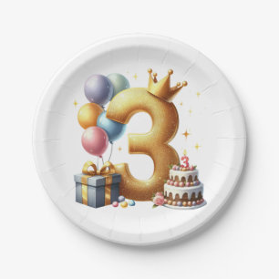 Prato De Papel Aniversário de 3 anos dourado