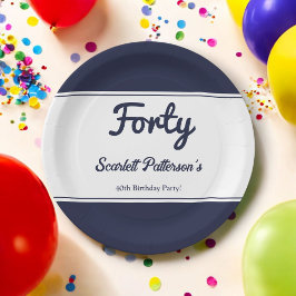 Prato De Papel Aniversário de 40 anos branco-branco Marinho chic
