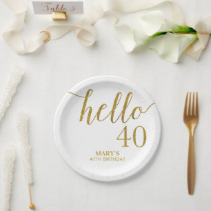 Prato De Papel Aniversário de 40 anos brilhante branco e Dourado