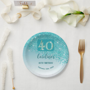 Prato De Papel aniversário de 40 anos Chic Falling Teal Blue Glit