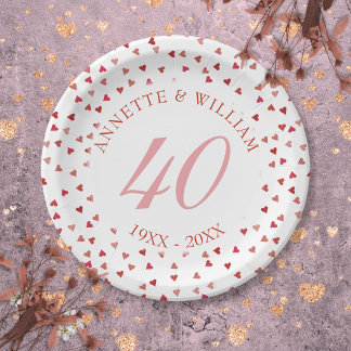 Prato De Papel Aniversário de 40 anos de Casamento Corações de Ru