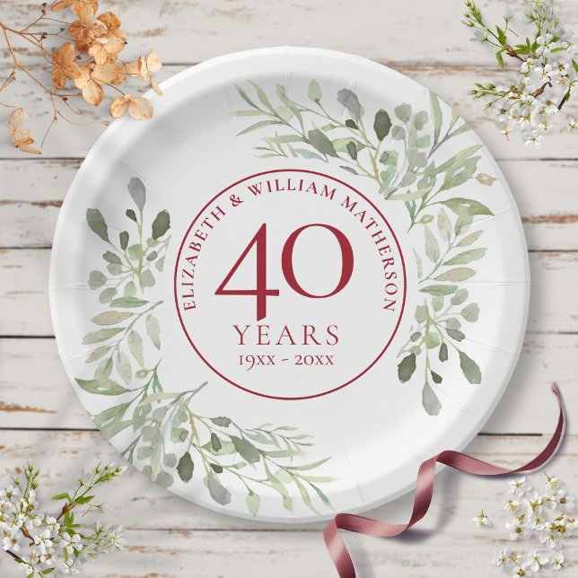 Prato De Papel Aniversário de 40 anos de casamento Country Greene (40th Ruby Wedding Anniversary Country Greenery Paper Plates)