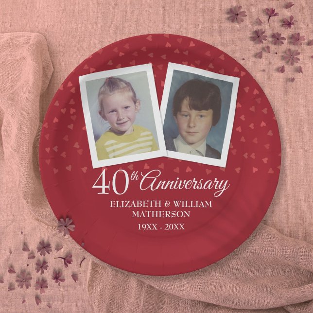 Prato De Papel Aniversário de 40 anos de casamento Ruby 2 fotos (Ruby 40th Wedding Anniversary 2 Photo Paper Plates)