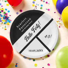 Prato De Papel Aniversário de 40 anos de Chic Branco e Preto Mode