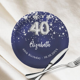 Prato De Papel aniversário de 40 anos marinho estrelas prateadas