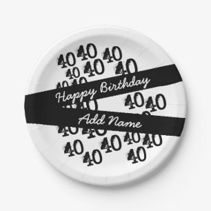 Prato De Papel aniversário de 40 anos Personalizado Branco Preto