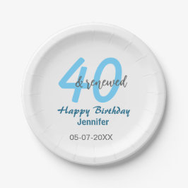 Prato De Papel aniversário de 40 anos renovado nome data azul núm