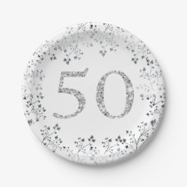 Prato De Papel Aniversário de 50 anos, Brilho Prateado, Personali