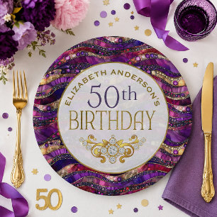 Prato De Papel Aniversário de 50 anos com Estratos de Joias Roxas