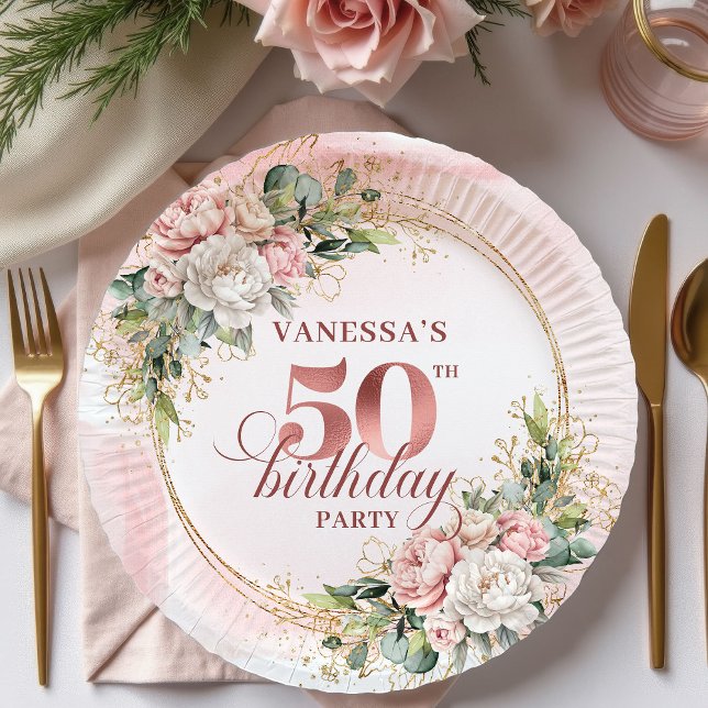 Prato de Papel Aniversário de 50 anos com Peônia e (Rose Gold Peony Greenery 50th Birthday Paper Plates)