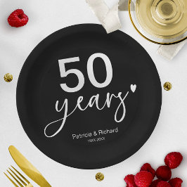 Prato De Papel Aniversário de 50 anos de casamento preto e branco