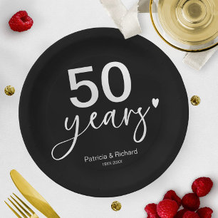 Prato De Papel Aniversário de 50 anos de casamento preto e branco