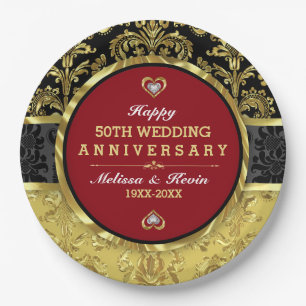 Prato De Papel Aniversário de 50 anos de Casamento Vermelho Doura