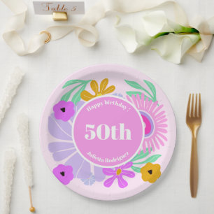 Prato De Papel aniversário de 50 anos festa cor-de-rosa floral ro