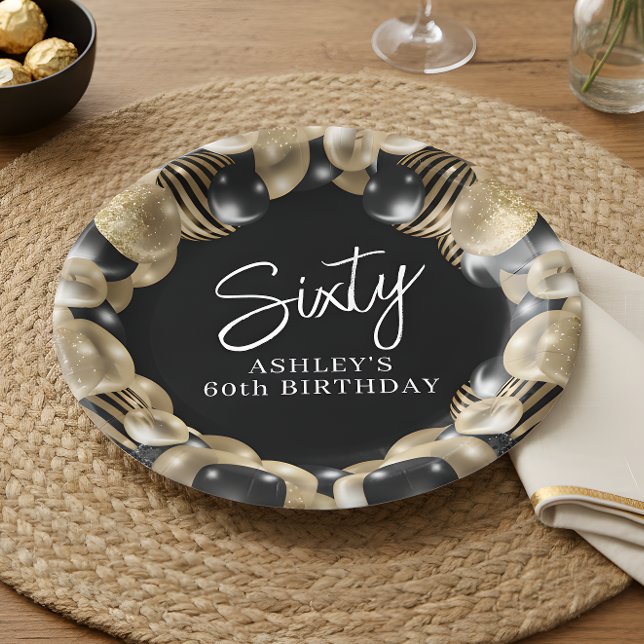 Prato De Papel Aniversário de 60 anos Black Gold (Criador carregado)