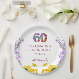 Prato De Papel aniversário de 60 anos floral moderno festa de 60