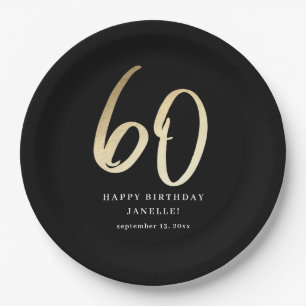 Prato De Papel Aniversário de 60 anos moderno preto e dourado