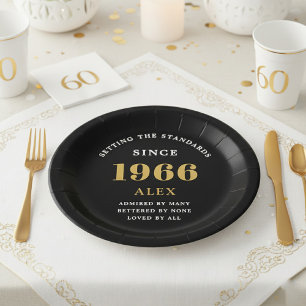 Prato De Papel Aniversário de 60 anos Nome 1966 Preto Dourado Ele