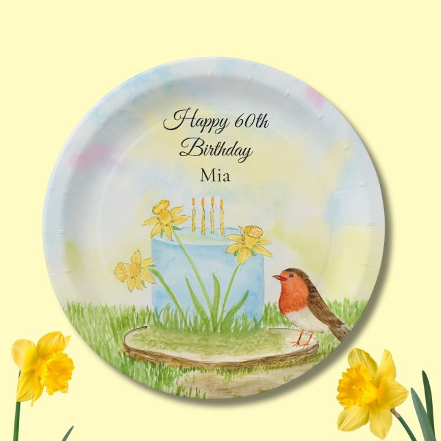 Prato De Papel Aniversário de 60 anos Robin com Bolo de Narciso (Criador carregado)
