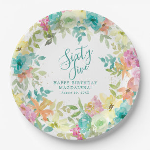 Prato De Papel Aniversário de 65 anos Verão Aquarela Floral Perso