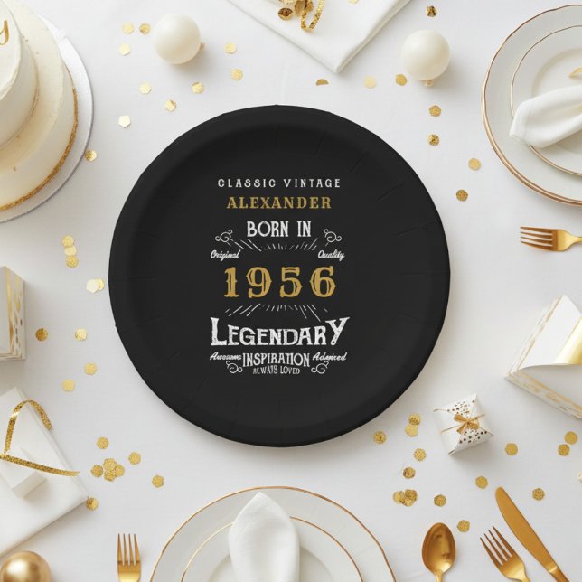 Prato De Papel Aniversário de 70 anos 1956 Lendário Retro (1956 black paper plate on  a white and gold background)