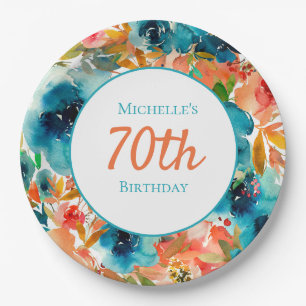 Prato De Papel Aniversário de 70 anos em floral de aquarela laran