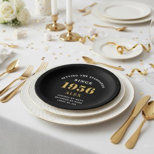 Prato De Papel Aniversário de 70 anos Nome 1956 Preto Dourado Ele
