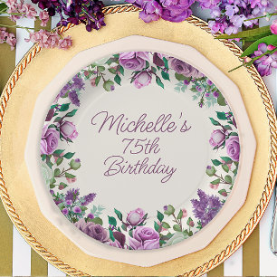 Prato De Papel Aniversário de 75 anos em Floral Aquarela Roxo Ver