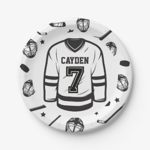 Prato De Papel Aniversário de 7 anos de Hockey preto e Branco