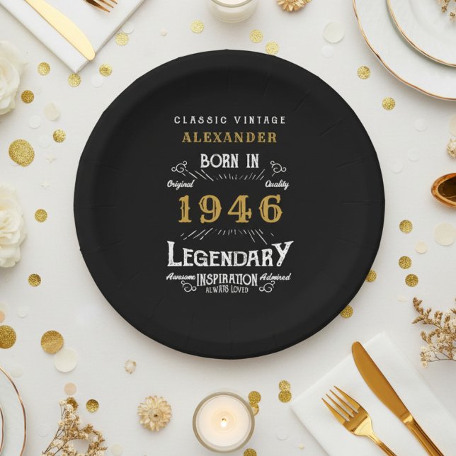 Prato De Papel Aniversário de 80 anos 1946 Lendário Retro (1946 black paper plate on a white and gold background.)
