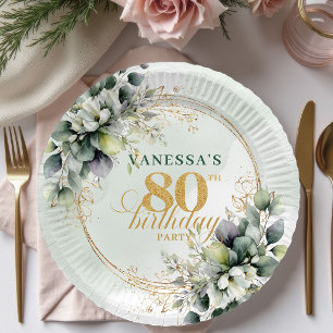 Prato De Papel Aniversário de 80 anos em verde empoeirado aquarel