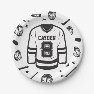 Prato De Papel Aniversário de 8 anos de Hockey preto e Branco