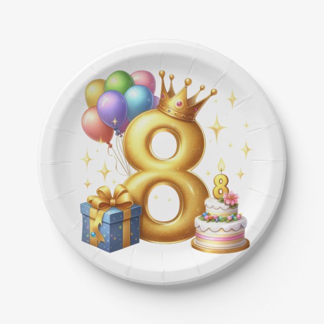 Prato De Papel Aniversário de 8 anos dourado (Frente)