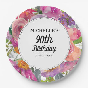 Prato De Papel Aniversário de 90 anos em floral de aquarela rosa 