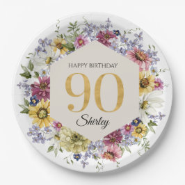 Prato De Papel Aniversário de 90 anos Personalizado Wildflower