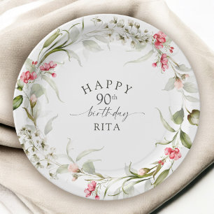 Prato De Papel Aniversário de 90 anos Pink Floral Aquarela