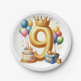 Prato De Papel Aniversário de 9 anos dourado