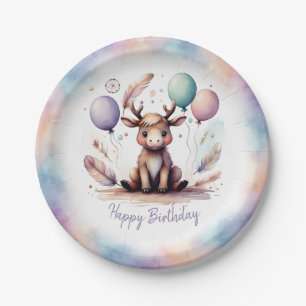 Prato De Papel Aniversário de Alce de Aquarela Fofa com Balões