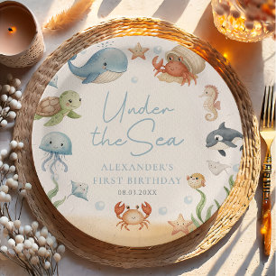 Prato De Papel Aniversário de Animais Marinhos Sob o Mar