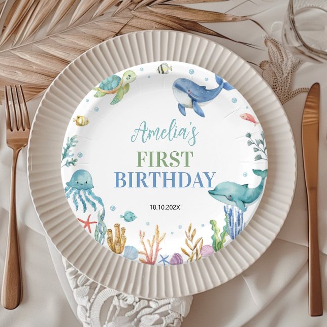 Prato De Papel Aniversário de Animais Marinhos Sob o Mar (Criador carregado)