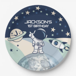 Prato De Papel Aniversário de Astronauta no Espaço Sideral Fofo