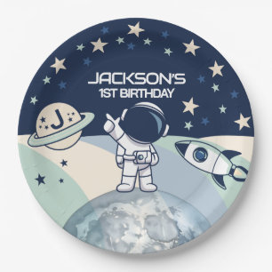 Prato De Papel Aniversário de Astronauta no Espaço Sideral Fofo