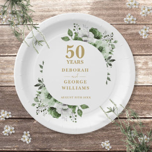 Prato De Papel Aniversário de Bodas de Ouro Moderno com Folhagem