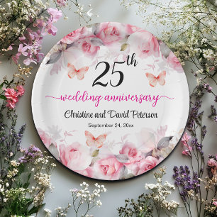 Prato De Papel Aniversário de Bodas de Prata de 25 anos Rosas Cor