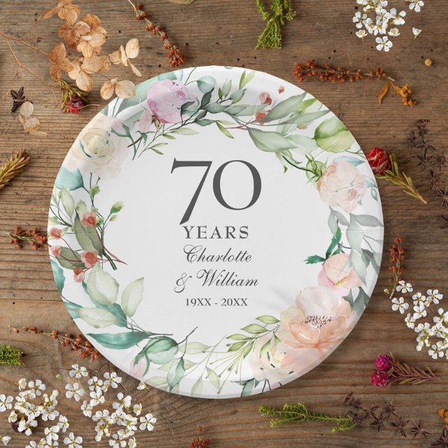 Prato De Papel Aniversário de Casamento de 70 Floral de rosa Garl (Roses Garland Floral 70th Wedding Anniversary Paper Plates)
