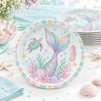 Prato De Papel Aniversário de Cauda de Sereia em Aquarela